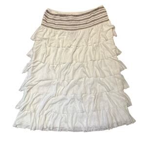Vintage Y2K Ivory Tiered Ruffle Skirt Size Large Stretch Smocked Waist Cottage